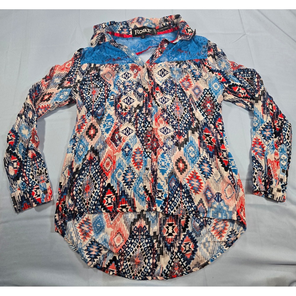 Roar E-LEC-TRIC Shout It Out Tribal Print Lace Back Button Down Shirt Small